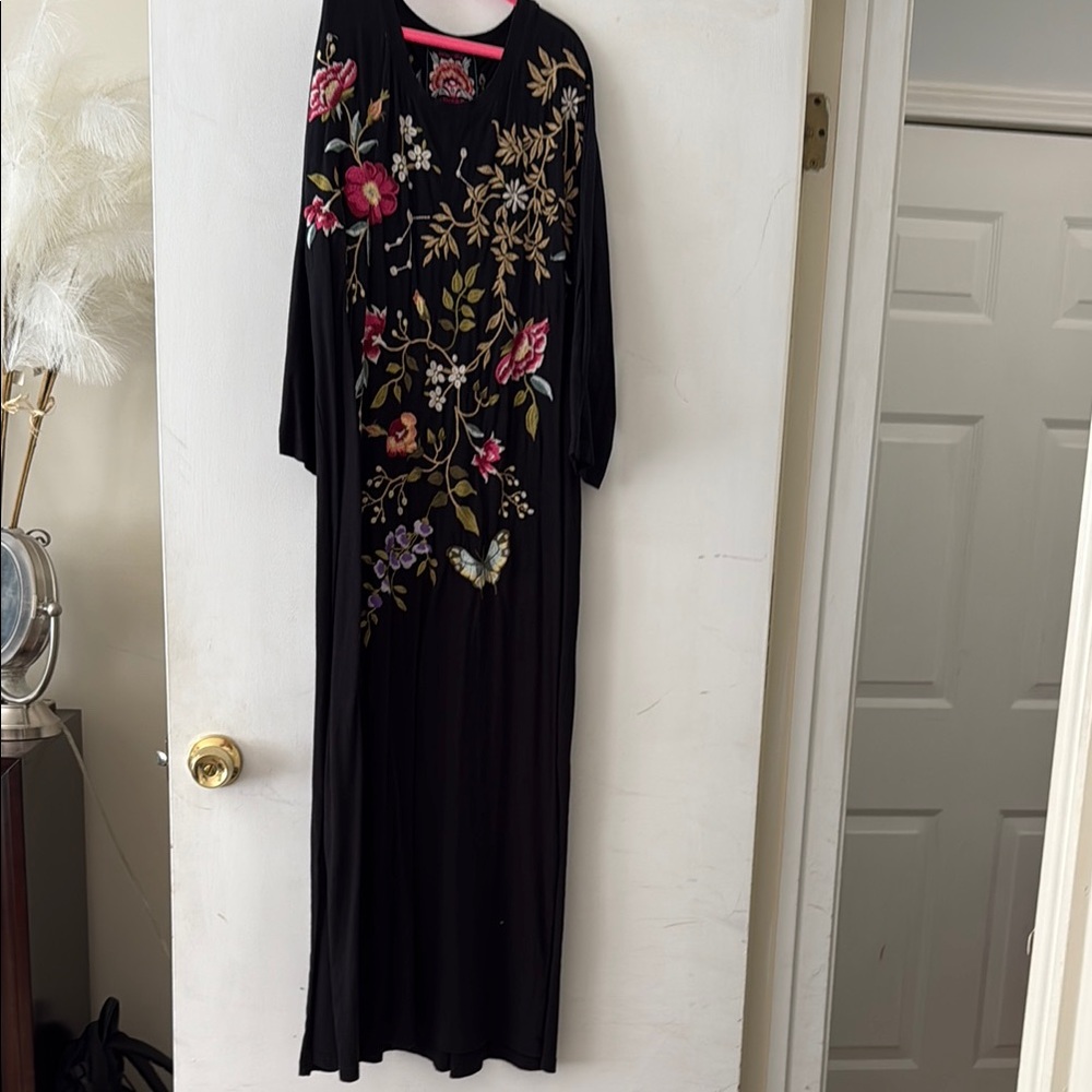 Johnny Was Black and Pink Embellished Long Sleeve Dress